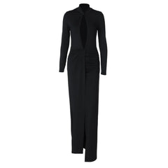 Long sleeve hollow out high slit ruched cut out maxi dress