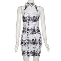 Halter snake print buckle backless mini dress