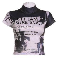 High neck short sleeve letter print contrast top-final-sale