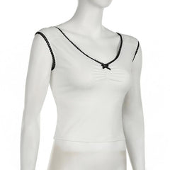 V neck bowknot ruched lace hem top