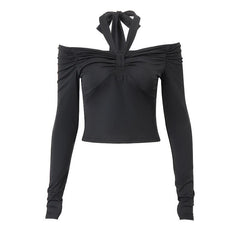 Long sleeve off shoulder halter ruched backless solid hollow out cut out top