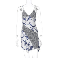 Lace v neck print patchwork ruffle cami mini dress