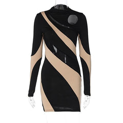 Long sleeve mesh contrast patchwork hollow out cut out mini dress-final-sale