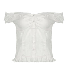 Off shoulder ruched button ruffle top