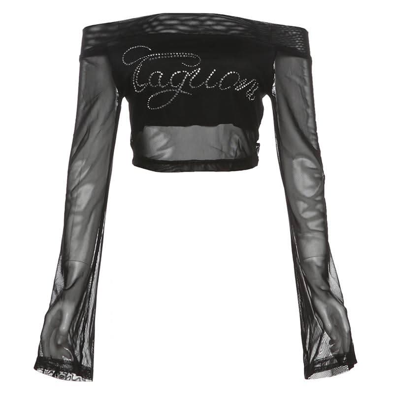 Long sleeve off shoulder mesh letter pattern beaded top
