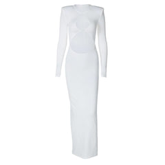 Long sleeve crewneck padded hollow out slit cut out maxi dress