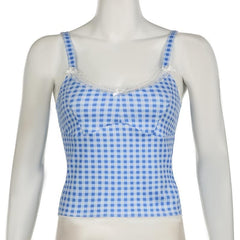 Lace hem plaid backless bowknot cami top