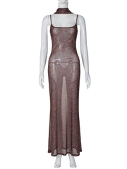 Tiger print sheer mesh cami maxi dress