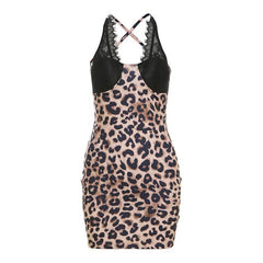 Cross back leopard print lace patchwork mini dress