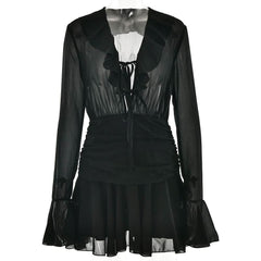 V neck long sleeve chiffon ruched ruffle mini dress