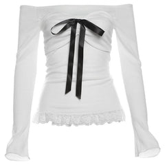 Long sleeve bowknot off shoulder lace hem ruched top