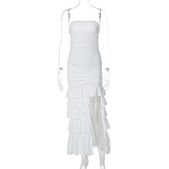Ruffle ruched slit backless tube midi dress
