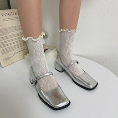 Ruffle hollow out lace solid socks