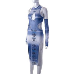 Contrast abstract print hollow out slit gloves cut out midi dress-final-sale