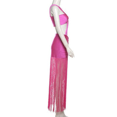 Ruched knotted tassels metallic cami mini dress