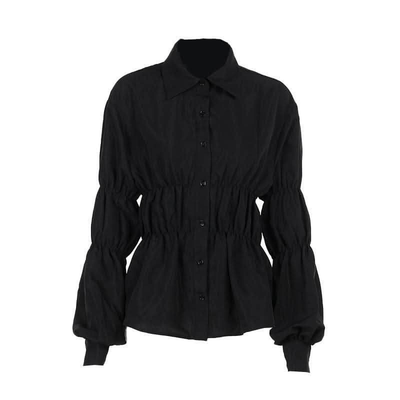 Turnover collar long puff sleeve button top-final-sale