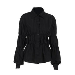 Turnover collar long puff sleeve button top-final-sale