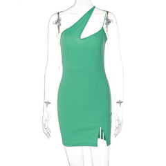 Hollow out slit solid sleeveless one shoulder backless cut out mini dress