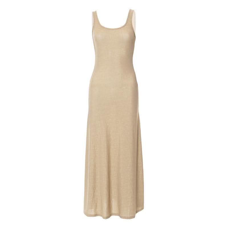 Textured solid sleeveless ruffle u neck maxi dress-final-sale