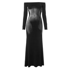 Long sleeve off shoulder print contrast maxi dress-final-sale