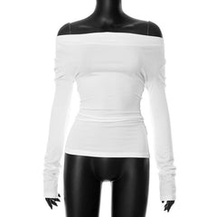 Self tie backless off shoulder ruched long sleeve solid top