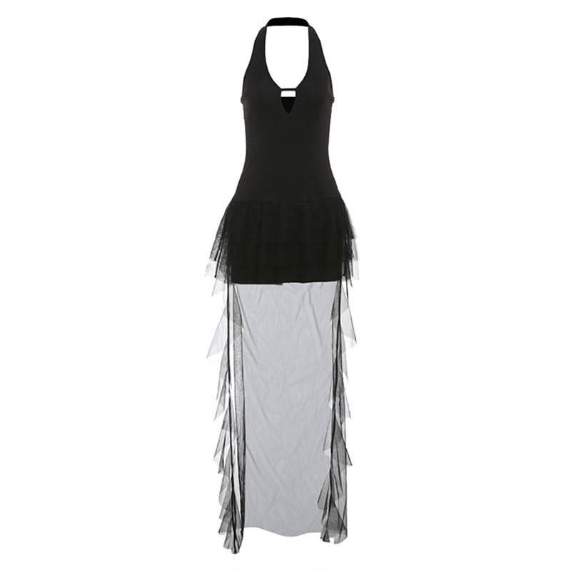 Halter hollow out ruffle mesh backless cut out mini dress
