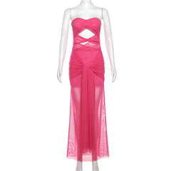 Mesh ruched hollow out see through tube cut out maxi dress