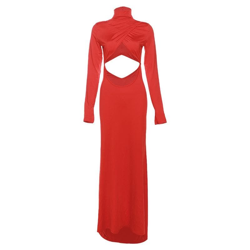 Hollow out solid long sleeve high neck zip-up cut out maxi dress