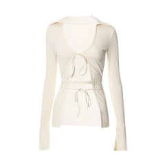Turnover collar solid long sleeve self tie v neck crop top-final-sale