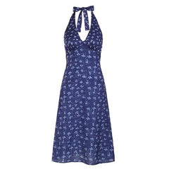 Halter v neck print backless midi dress