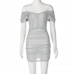 Corset off shoulder textured ruched see through mini dress