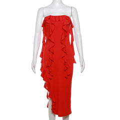 Ruffle high slit ruched irregular solid tube midi dress-final-sale