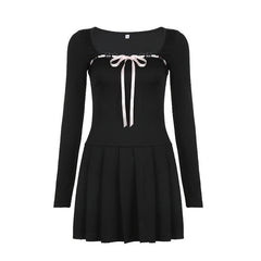 Lace hem square neck contrast long sleeve pleated mini dress-final-sale