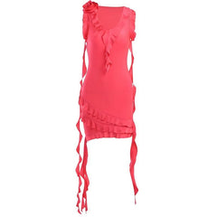 Sleeveless v neck ruffle flower applique ribbon mini dress-final-sale