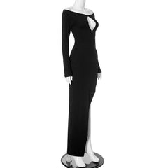 Off shoulder long sleeve hollow out slit cut out maxi dress