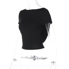 Short sleeve round neck solid backless top