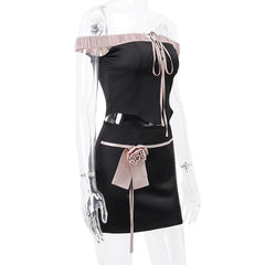 Off shoulder self tie flower applique zip-up button mini skirt set