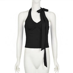 Halter knotted irregular v neck backless top