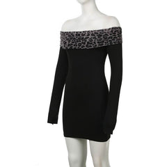 Off shoulder long sleeve leopard print mini dress