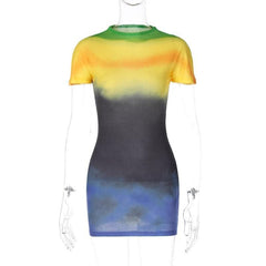 Tie dye contrast short sleeve crewneck mini dress- Final Sale-final-sale