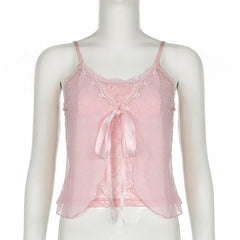Lace patchwork ruffle ribbon mesh knotted cami top
