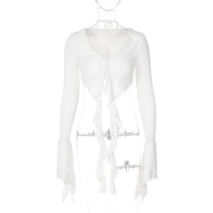 Halter self tie v neck flared sleeve button ruffle crop top