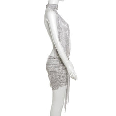 Snakeskin print halter sheer mesh irregular ruched mini dress