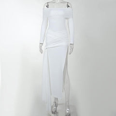 Cross front solid long sleeve off shoulder slit self tie maxi dress-final-sale