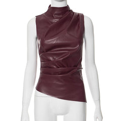 High neck zip-up PU leather irregular ruched top