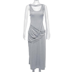 Ruched solid sleeveless u neck irregular midi dress-final-sale
