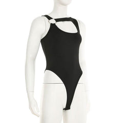 Hollow out o ring button irregular solid bodysuit