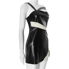 Irregular PU leather mesh zip-up mini dress