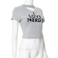 Short sleeve letter print crewneck hollow out crop cut out top-final-sale