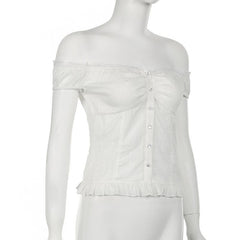 Off shoulder ruched button ruffle top